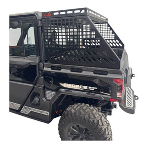 CF Moto UForce U10 tall bed rack with enclosure, AJK Offroad bed accessory, mounted on U10 pickup truck for cargo storage.