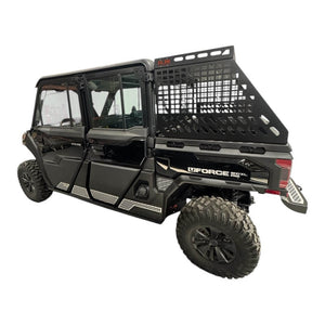 CF Moto UForce U10 tall bed rack with enclosure, AJK Offroad bed accessory, mounted on U10 pickup truck for added cargo storage.