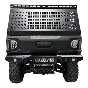 CF Moto UForce U10 tall bed rack with enclosure, off-road bed accessory by AJK Offroad, mounted on the truck bed.