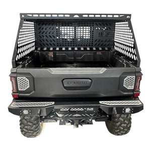 CF Moto UForce U10 tall bed rack with enclosure, off-road bed accessory by AJK Offroad, featuring sturdy metal construction and mounting details.