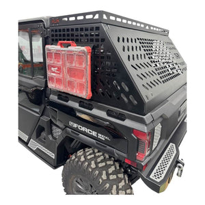 CF Moto UForce U10 tall bed rack with enclosure, offroad bed accessories by AJK Offroad, mounted on pickup truck bed.