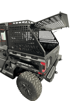 CF Moto UForce U10 tall bed rack with enclosure, off-road bed accessory by AJK Offroad, featuring sturdy construction and secure attachment.
