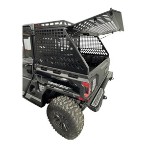 CF Moto UForce U10 tall bed rack with enclosure, AJK Offroad bed accessory showing durable metal construction on truck bed.