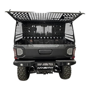 CF Moto UForce U10 tall bed rack with enclosure, off-road vehicle accessory from AJK Offroad, mounted on truck bed.