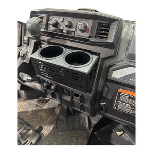Powder-coated black Kawasaki Ridge dash panel cup holder by AJK Offroad, angle view