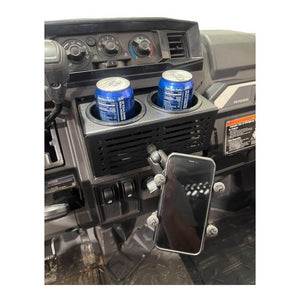 Kawasaki Ridge dash mount and cup holder by AJK Offroad mounted in UTV cockpit