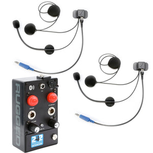 Rugged Radios 242 portable intercom shown with helmet kit option for riders who wear helmets instead of headsets