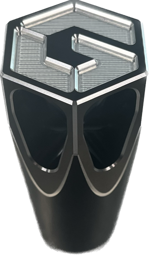 Polaris Pro R Turbo R billet shift knob by Geiser Performance, showing a sleek, metallic shifter with textured grip details.