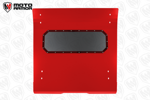 Red aluminum roof with dark tint polycarbonate sunroof, spoiler, and drip edge for Polaris RZR PRO XP 2 and Turbo R 2 seat models