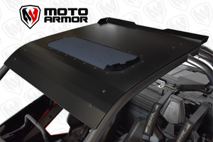 Black aluminum roof with sunroof and rear spoiler for Polaris RZR PRO XP 2 and Turbo R 2 seat UTV, includes hardware and low-profile fit