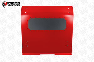 Red aluminum roof with dark tint polycarbonate sunroof, spoiler, and drip edge for Polaris RZR PRO XP 2 and Turbo R 2 seat models