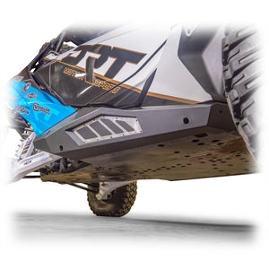 DRT Motorsports Can-Am Maverick R Rock Sliders with black finish, steel build, and anodized aluminum contrast panels for protection