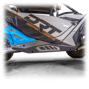DRT Motorsports Can-Am Maverick R Rock Sliders with black finish, steel build, and anodized aluminum contrast panels for protection