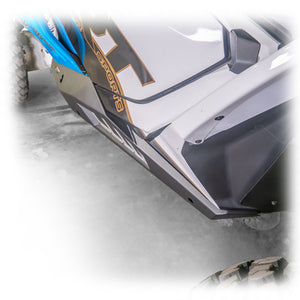 DRT Motorsports Can-Am Maverick R Rock Sliders with black finish, steel build, and anodized aluminum contrast panels for protection