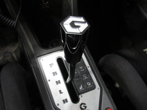 Polaris Pro R Turbo R billet shift knob by Geiser Performance, showing a sleek, metallic shifter with engraved branding.