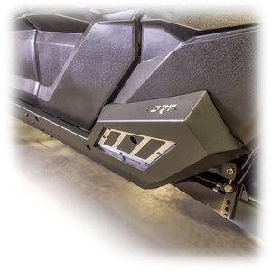Steel rock sliders for Kawasaki TERYX KRX/4 1000 by DRT Motorsports with black powder-coat and anodized aluminum contrast panels
