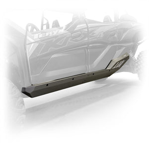Steel rock sliders for Kawasaki TERYX KRX/4 1000 by DRT Motorsports with black powder-coat and anodized aluminum contrast panels
