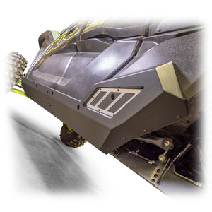 Steel rock sliders for Kawasaki TERYX KRX/4 1000 by DRT Motorsports with black powder-coat and anodized aluminum contrast panels