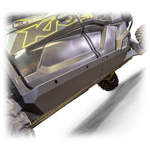 Steel rock sliders for Kawasaki TERYX KRX/4 1000 by DRT Motorsports with black powder-coat and anodized aluminum contrast panels