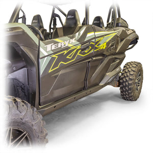 Steel rock sliders for Kawasaki TERYX KRX/4 1000 by DRT Motorsports with black powder-coat and anodized aluminum contrast panels