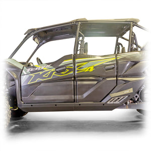 Steel rock sliders for Kawasaki TERYX KRX/4 1000 by DRT Motorsports with black powder-coat and anodized aluminum contrast panels