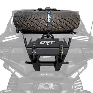DRT Teryx H2 tire carrier opened on gas struts for cargo bed access