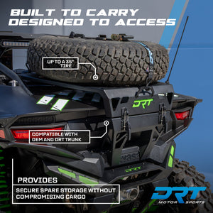 Billet aluminum trigger latch handle and logo plate on the DRT Kawasaki Teryx H2 tire carrier