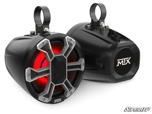 MTX weather-resistant UTV speaker pods with RGB lighting and dual tweeters