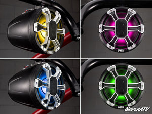 MTX IP67 weather-resistant UTV speaker pod mounted on side-by-side cage