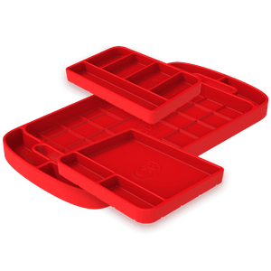 S&B silicone tool tray set in red, three sizes shown together
