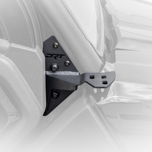 DRT CFMoto U10 Pro A-pillar light bracket kit showing upper mounting plate and black hardware