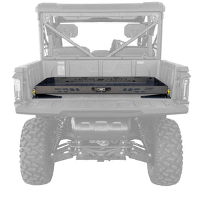 DRT CFMoto U10 bed drawer extended about 24 inches with billet pull handle and tie-down points