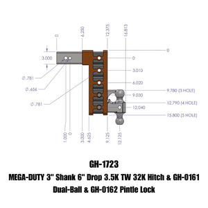 Gen-Y Mega Duty 3in Shank 6in Drop 3.5K TW 32K Hitch w/GH-0161 Dual-Ball/GH-0162 Pintle Lock