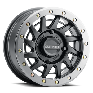 Raceline A12BG Squad black UTV wheel with gunmetal beadlock ring, multi-spoke directional design in 15 inch for most fitments