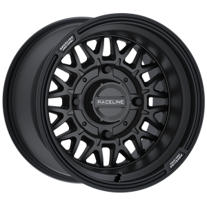 Raceline A13B Omega UTV wheel in Satin Black with mesh design and retro-style lip – available in 14" and 15" sizes