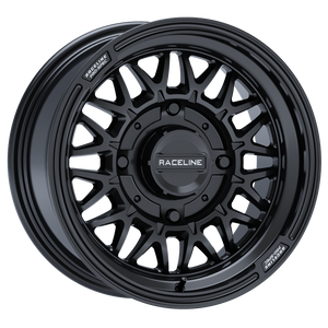 Raceline A13GB Omega UTV wheel in Gloss Black with mesh spokes and retro lip, available in 15" for 4-lug UTVs