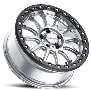 Raceline A14 Alpha satin black UTV wheel with gunmetal beadlock ring, designed for Can-Am Maverick R and Polaris RZR R