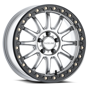 Raceline A14 Alpha satin black UTV wheel with gunmetal beadlock ring, designed for Can-Am Maverick R and Polaris RZR R