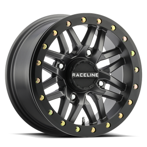 Raceline A91G Ryno Beadlock UTV wheel in gunmetal with split 10-spoke design and forged beadlock ring for aggressive off-road durability