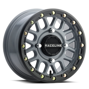 Raceline A93SG Podium Beadlock UTV wheel in stealth grey with 8-spoke mesh design, forged ring, and race-proven off-road durability