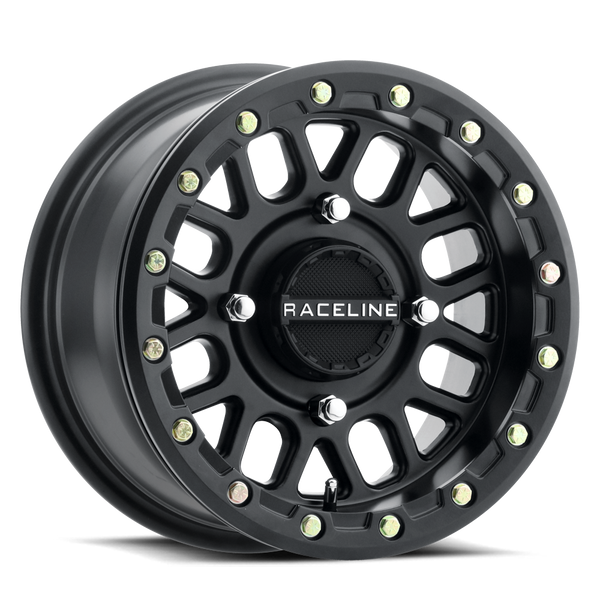 Raceline A93B Podium Beadlock satin black UTV wheel with 8-spoke mesh design and forged ring for race-ready off-road durability