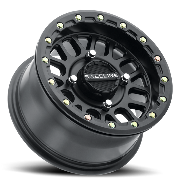 Raceline A93B Podium Beadlock satin black UTV wheel with 8-spoke mesh design and forged ring for race-ready off-road durability