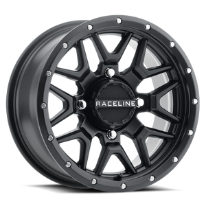 Raceline A94B Krank satin black simulated beadlock UTV wheel with 8 split V-spoke design in 14 and 15 inch diameters