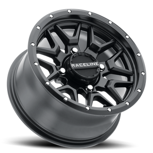 Raceline A94B Krank satin black simulated beadlock UTV wheel with 8 split V-spoke design in 14 and 15 inch diameters
