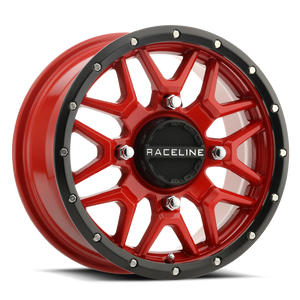 Raceline A94R Krank red simulated beadlock wheel with 8 split V-spoke design, available in 14 and 15 inch sizes for UTVs