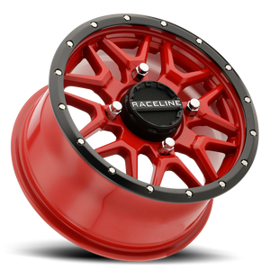 Raceline A94R Krank red simulated beadlock wheel with 8 split V-spoke design, available in 14 and 15 inch sizes for UTVs