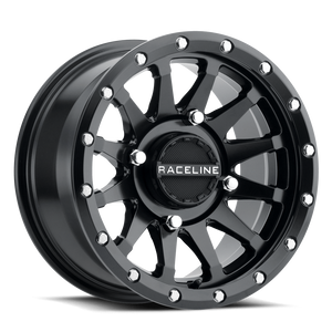 Raceline A95B Trophy UTV Wheel in Satin Black with 10-spoke mesh design and simulated beadlock ring for rugged performance