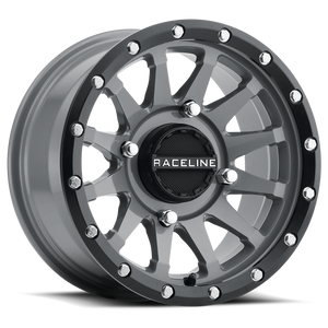 Raceline A95SG Trophy UTV Wheel in Stealth Grey with a bold 10-spoke design and simulated beadlock for off-road performance