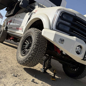 AGM Scissor Jack HD lifting a Ford F-350 overland truck