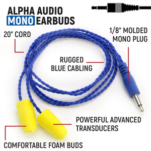 Rugged Radios AlphaBuds mono earbuds with molded 1/8 inch plug included in the hand mic bundle